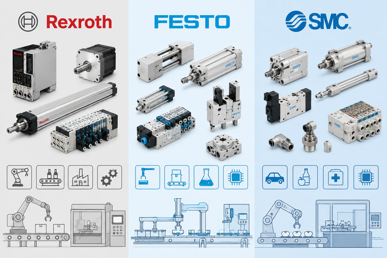 Bosch Rexroth vs Festo vs SMC : Les leaders de l’automatisation et de la pneumatique