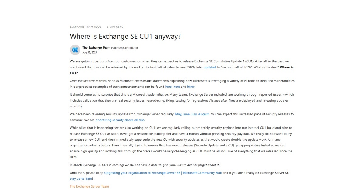 Microsoft Delays Release of Exchange Server SE Cumulative Update 1 to Late 2026
